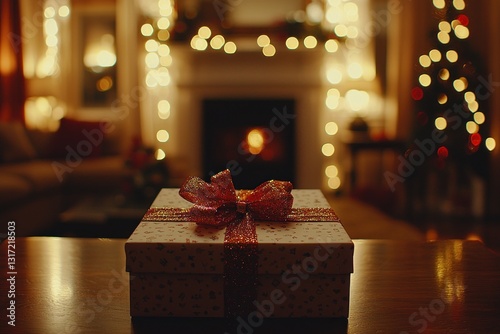 Gift box atop table; warm, festive living room with blurred lights background