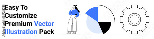 Free Download Woman in casual outfit in thoughtful posture, colorful pie chart symbolizing data analytics, minimal gear for technical functionality. Ideal for business, tech, teamwork, planning, creativity, data - GFXLoad