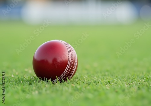 Shiny red cricket ball resting on a vibrant green grass field, ready for action in a stadium setting photo