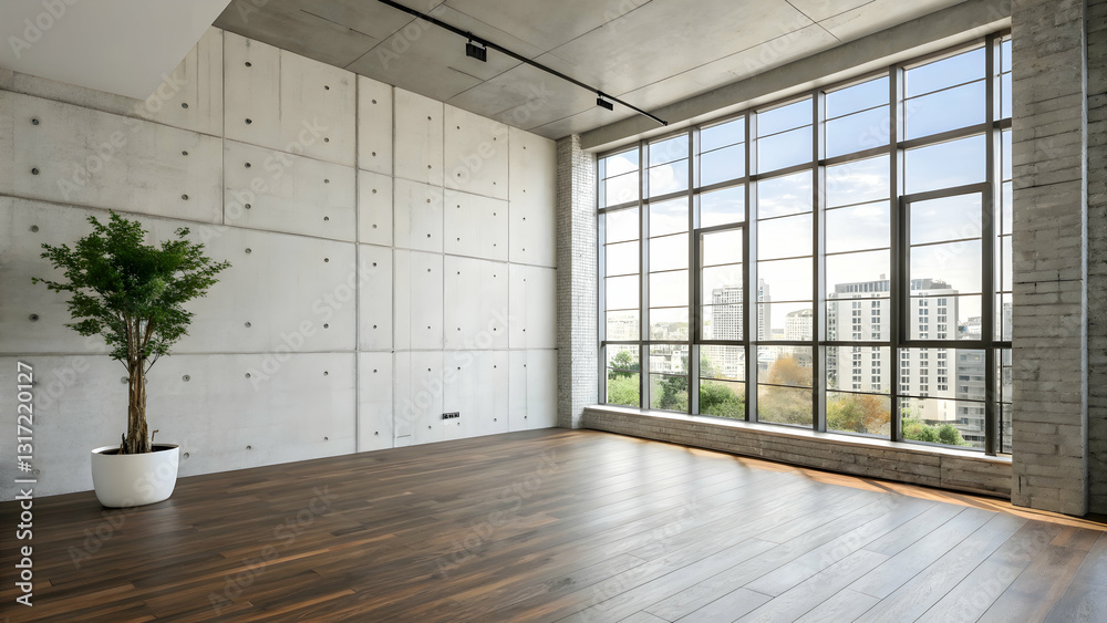 Obraz premium Empty modern loft apartment with large windows and concrete wall.