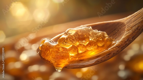 Ultra close-up of a droplet of honey crystallizing on a wooden spoon, capturing the crystallization moment, professional food photography