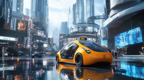 Autonomous Taxi Cab navigating a vibrant futuristic cityscape on a rainy day