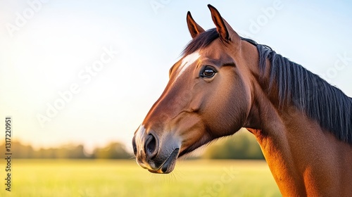 Close up portrait of a chestnut brown horse with a white blaze on its forehead, standing in a sunlit green pasture. 