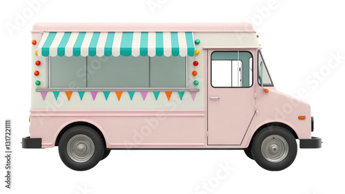 pastel ice cream truck with striped awning and colorful decorations, perfect for summer treats