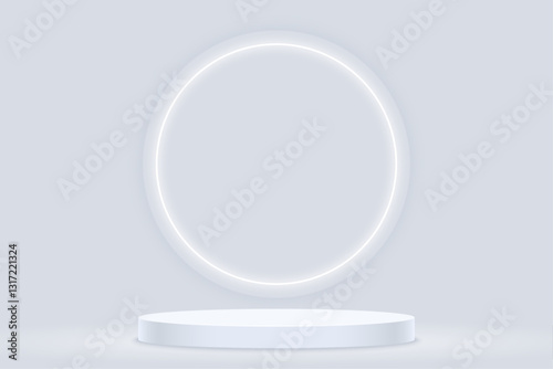 Light grey podium for presentation with big white neon light in circle
