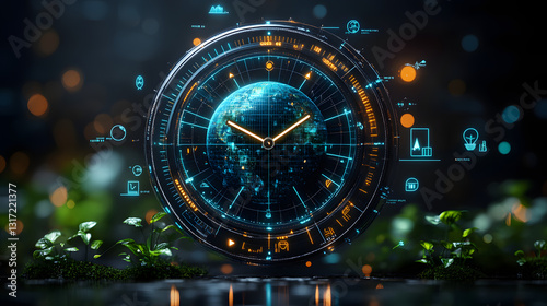 Global Time: An artistic representation of the world encased within a futuristic clock, symbolizing the interconnectedness of global time and technology.