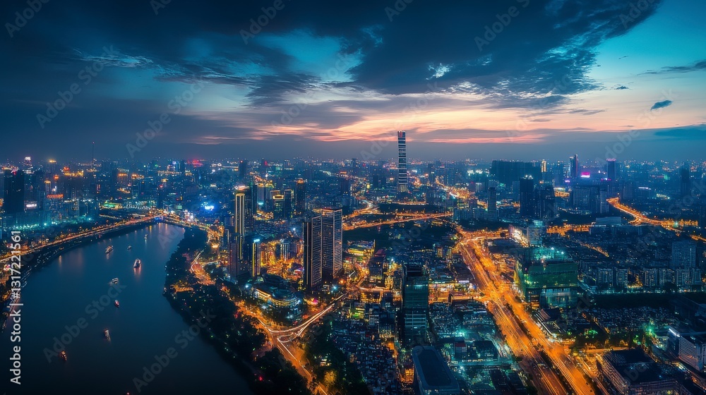Cityscape beautifully illuminated under a dramatic evening sky, with a prominent river flowing through the modern urban landscape. Cityscape beautifully illuminated under a dramatic evening sky, with a prominent river flowing through the modern urban landscape.