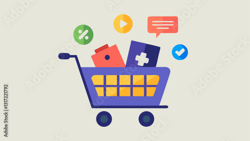 Shopping Cart of Distractions A shopping cart filled with items labeled Notifications Social Media Streaming and Games showing how technology consumes attention.