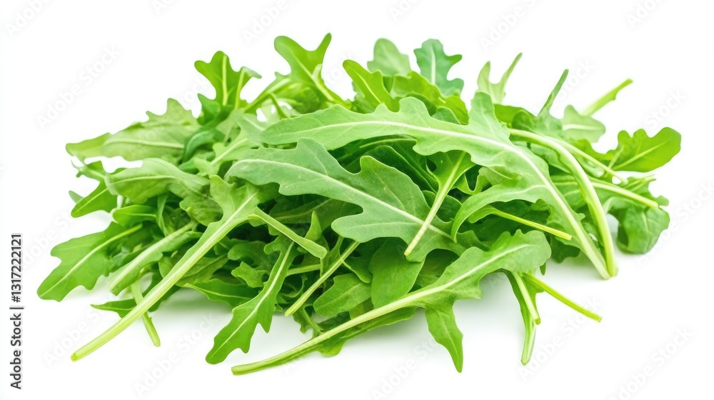Fresh arugula leaves on a clean white backdrop for culinary designs Fresh arugula leaves on a clean white backdrop for culinary designs