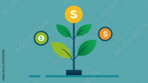 Growing Plant with Asset Icons A plant growing with leaves shaped like different investment symbols stocks bonds etc. representing how ETFs nurture portfolio growth through