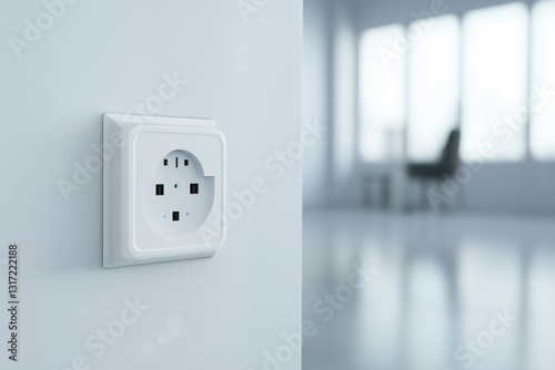 A modern universal power outlet mounted on a white wall in a minimalist interior, with a blurred background featuring large windows and a chair.