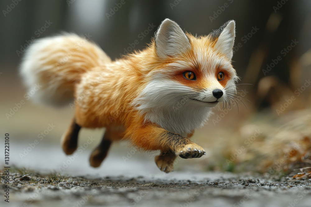 Obraz premium a red fox in motion, as if running along a path. It has fluffy fur, expressive amber eyes and a sly but friendly expression on its face 