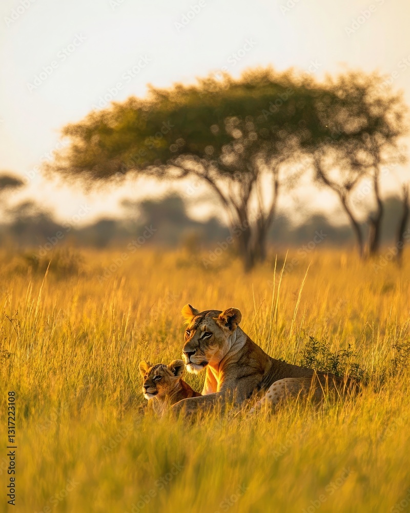 Fototapeta premium Majestic Lioness and Cub in Golden Savanna Sunrise