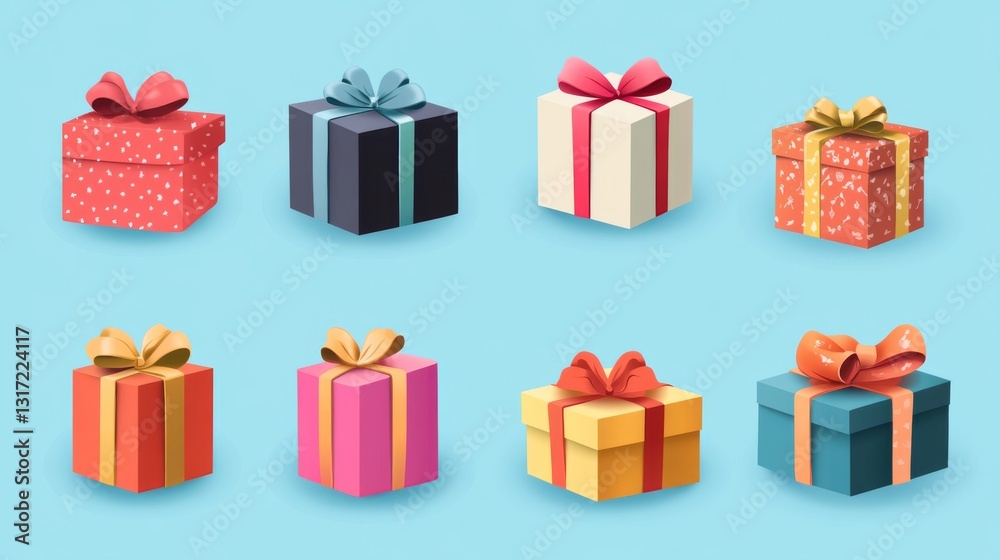 Variety of colorful gift boxes with bows on blue background for celebrations and festive occasions Variety of colorful gift boxes with bows on blue background for celebrations and festive occasions