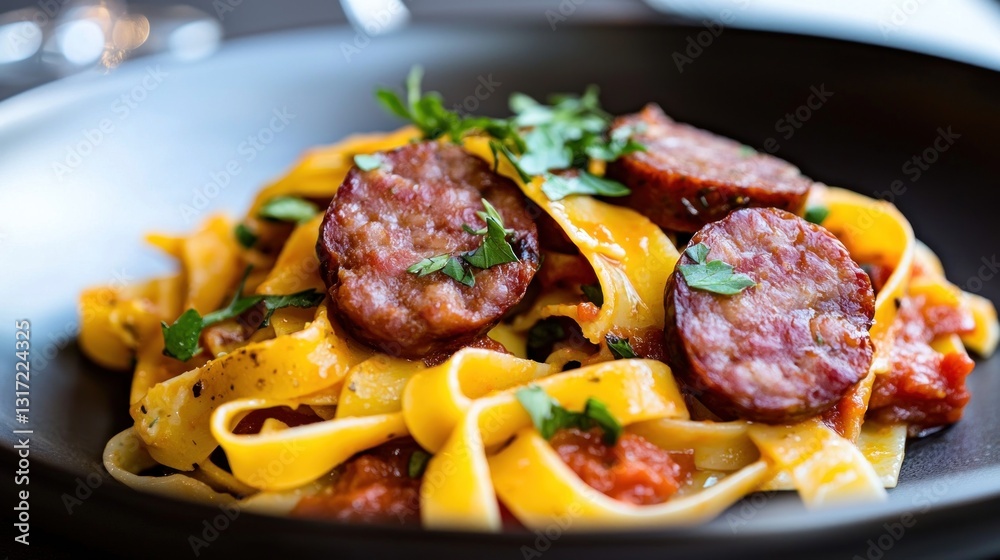 Pasta dish with sausage slices, herbs in a dark bowl, close up Pasta dish with sausage slices, herbs in a dark bowl, close up