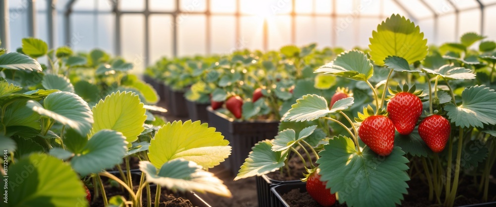 strawberry plants in greenhouse with sunlight filtering through leaves