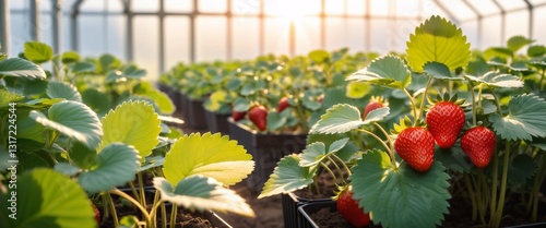 Obraz na płótnie strawberry plants in greenhouse with sunlight filtering through leaves w salonie