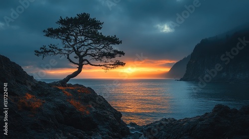 A serene coastal landscape featuring rugged rock formations emerging from the ocean, surrounded by gentle waves.