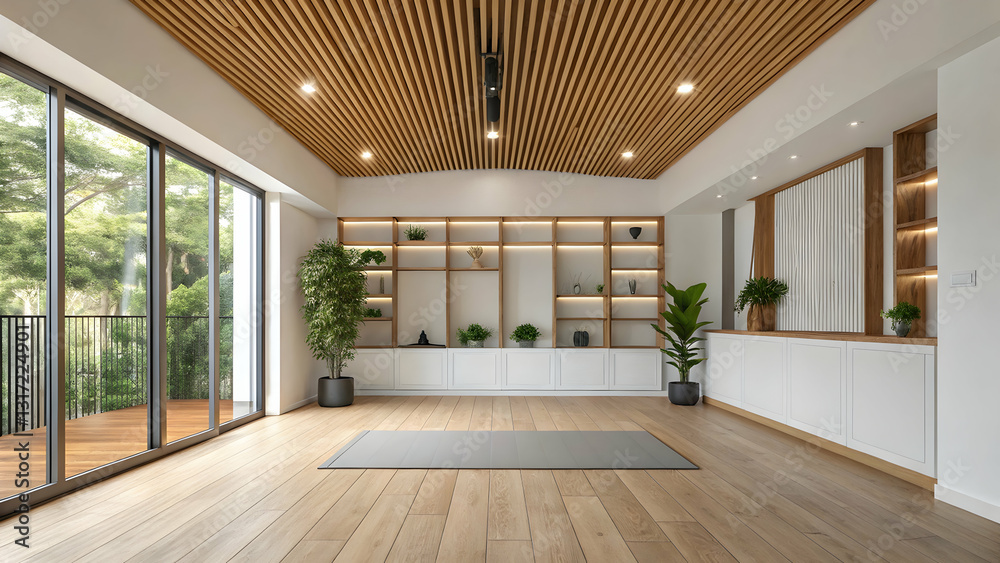 Fototapeta premium Modern minimalist interior design with wooden accents and large windows.