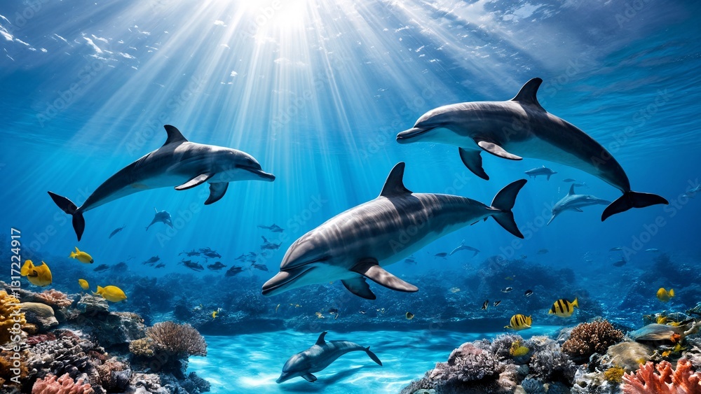 Fototapeta premium A group of dolphins swimming in the ocean near a coral reef.