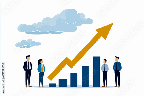 An illustrated group of professionals collaborating around a bar graph with a rising arrow  signifying growth and success