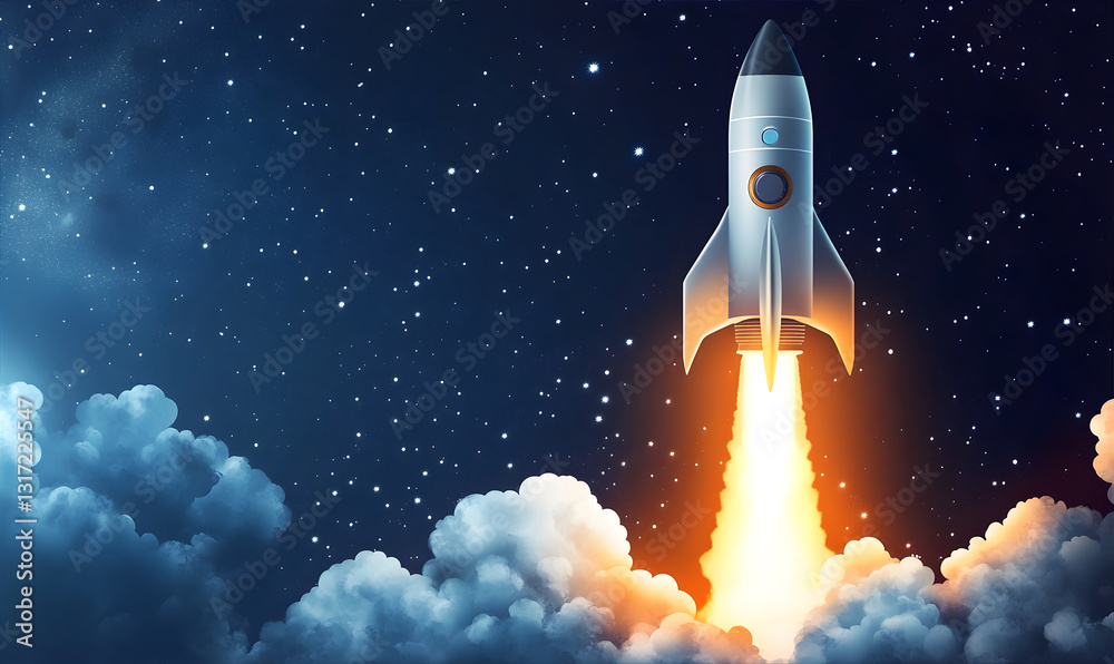 Fototapeta premium Spaceships take off. International Day of Human Space Flight. Banner with copy space. P