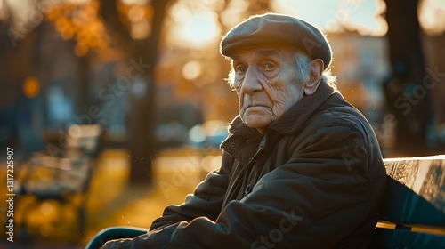 An elderly man sits on a park bench, face etched with a lifetime of experiences, lost in thought on a sunny autumn afternoon.