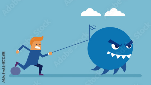 Perfectionism Monster A character trying to work while being chased by a large monster labeled Perfectionism indicating how the pressure to be perfect can lead to avoidance.