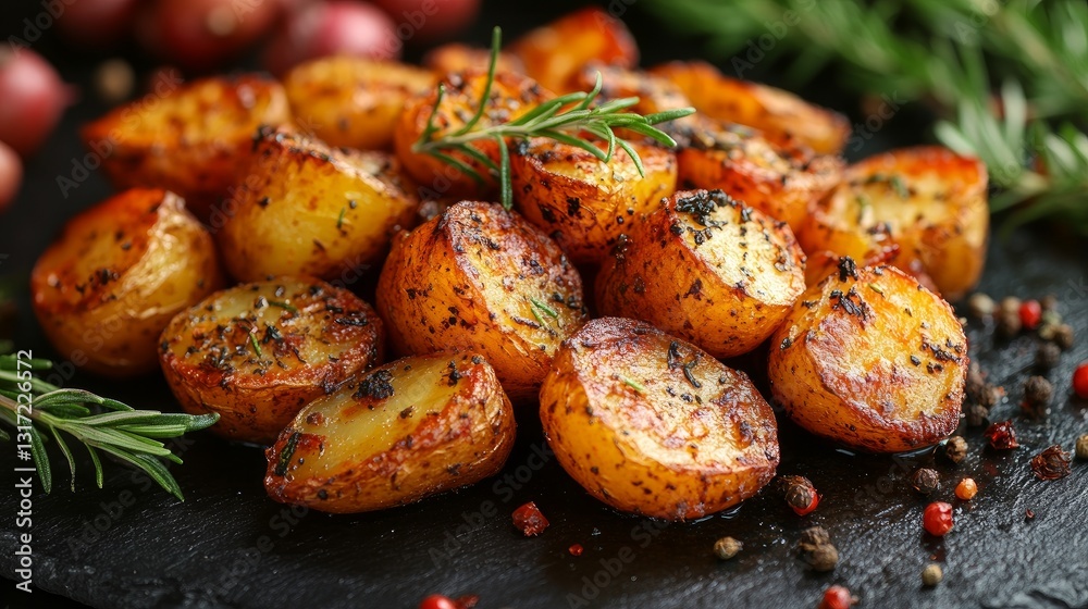 Roasted potatoes on a dark surface with rosemary sprigs Roasted potatoes on a dark surface with rosemary sprigs
