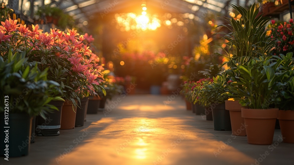 Fototapeta premium Vibrant greenhouse filled with blooming flowers and plants, illuminated by warm sunset light