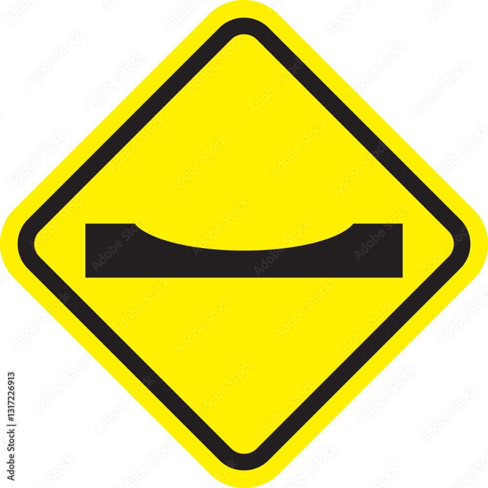 An illustration of a yellow diamond-shaped sign with a black concave-shaped border, warning of a road with potential potholes ahead An illustration of a yellow diamond-shaped sign with a black concave-shaped border, warning of a road with potential potholes ahead
