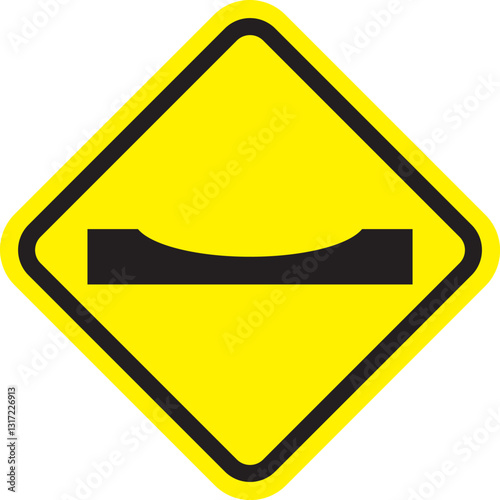 An illustration of a yellow diamond-shaped sign with a black concave-shaped border, warning of a road with potential potholes ahead