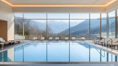 Luxury Indoor Hotel Pool With Tranquil Blue Water Mountain View And Floor To Ceiling Windows