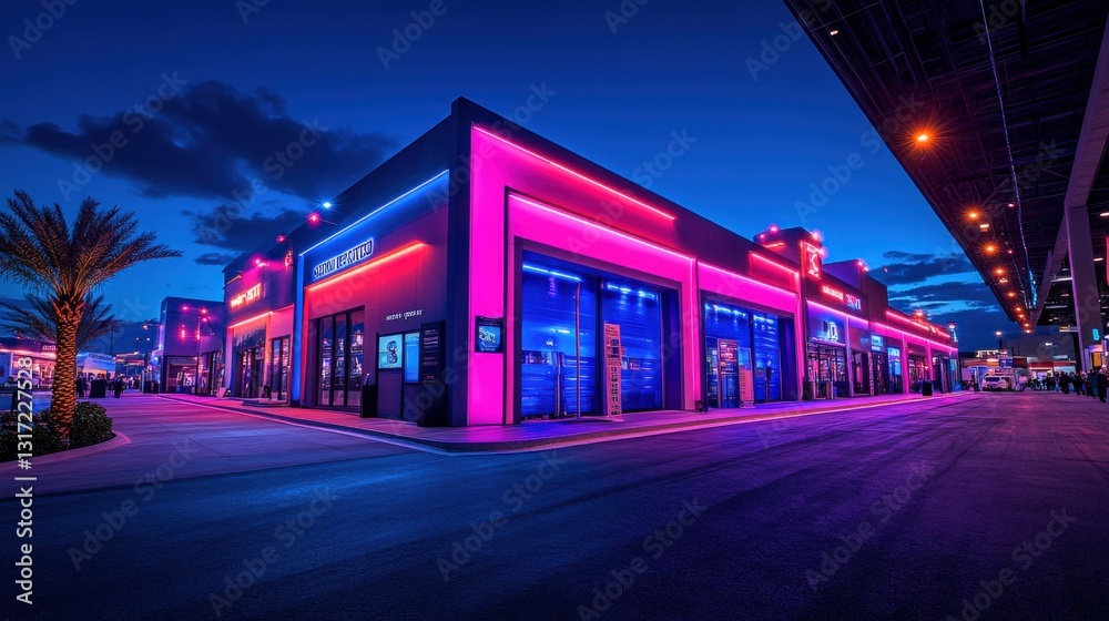 Obraz premium Vibrant night scene of illuminated commercial buildings with colorful neon lights and palm trees