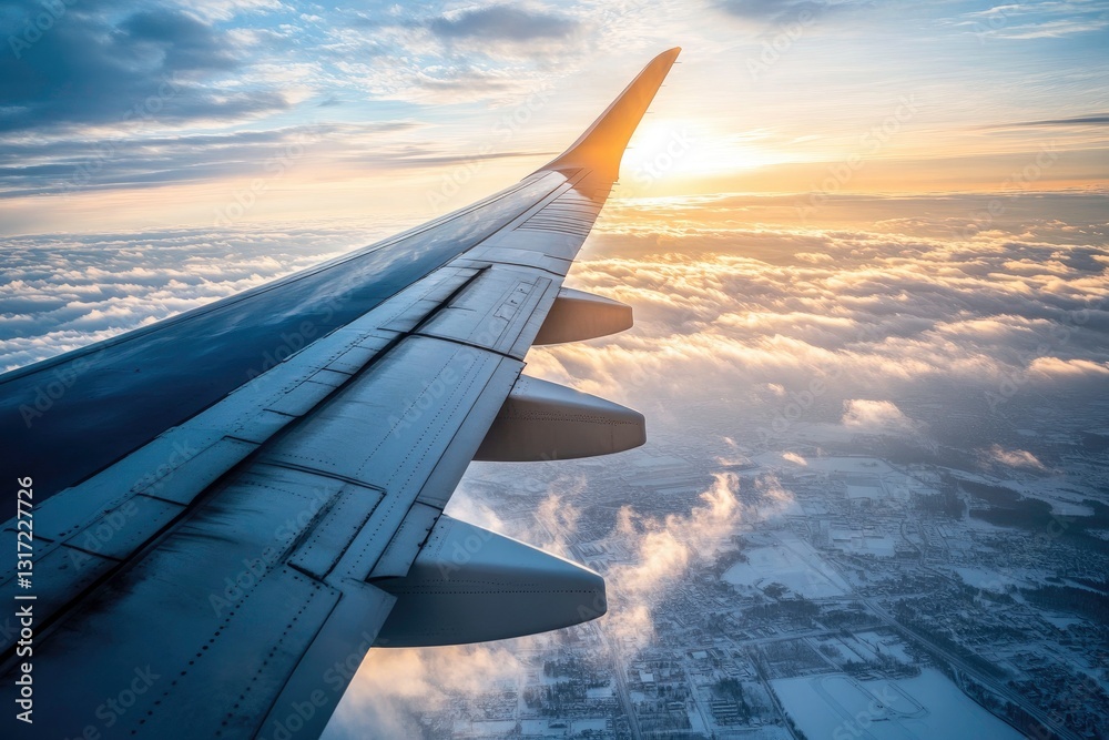 Obraz premium Airplane Wing Soaring Above Winter Landscapes at Sunrise