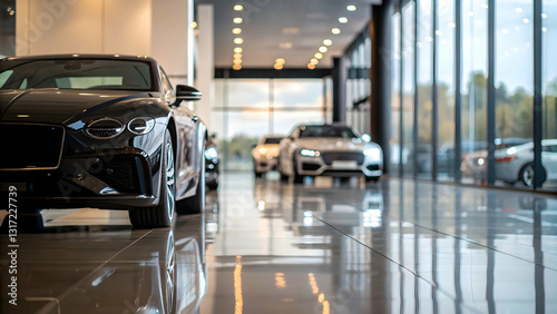 Modern car showroom with luxury vehicles.  Clean, sleek design.