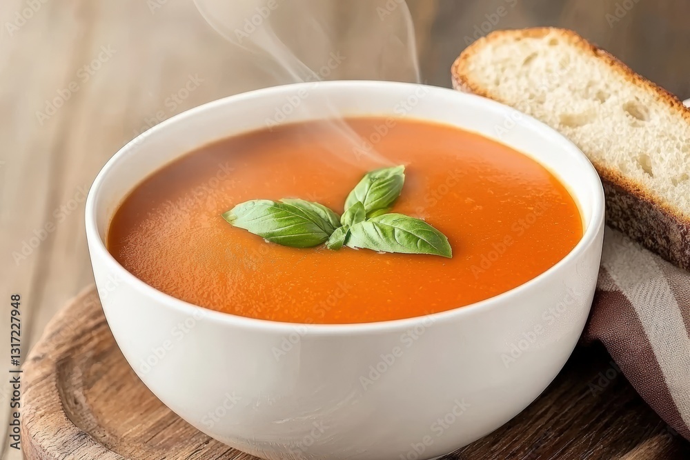 Creamy Tomato Basil Soup in a Bowl with Fresh Basil and Sliced Bread on a Rustic Wooden Table Creamy Tomato Basil Soup in a Bowl with Fresh Basil and Sliced Bread on a Rustic Wooden Table