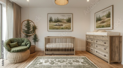 Modern nursery, calm decor, wood furniture, nature prints, baby crib