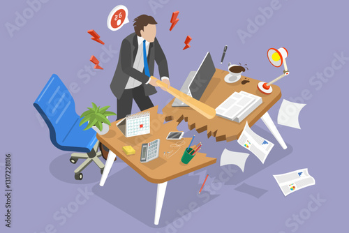 3D Isometric Flat Vector Illustration of Furious Businessman, Aggressive Man with Negative Emotions