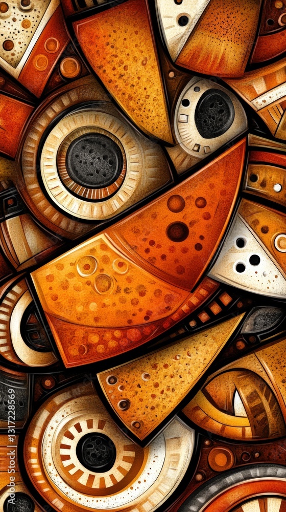 Fototapeta premium Abstract mosaic pattern with geometric shapes and various textures in warm orange and brown tones. Artistic digitally rendered