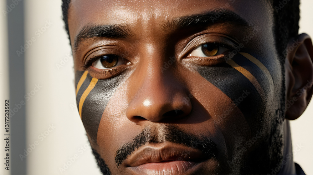 Close-up portrait of an African American man showcasing shadowy facial details and distinct striped patterns across his visage Close-up portrait of an African American man showcasing shadowy facial details and distinct striped patterns across his visage