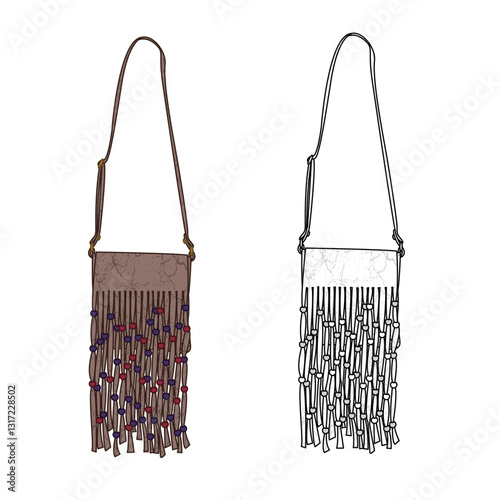 Fringe crossbody bags design technical flat sketch vector mockup template.