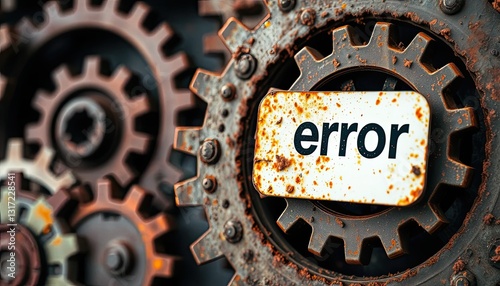 Rusty Cogwheels with Error Sign Close Up of Industrial Machine Malfunction