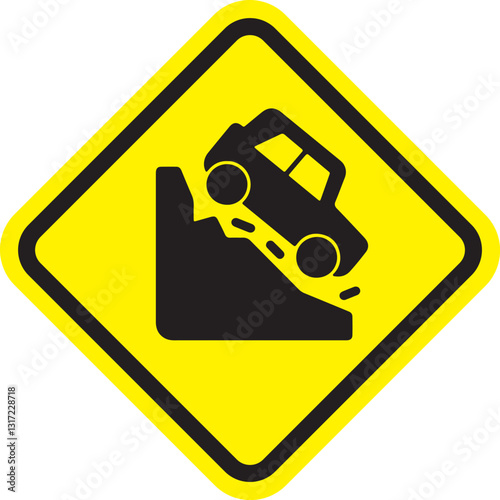 An illustration of a yellow diamond-shaped sign with a black border indicating a downhill road with damaged surface, warning of a downhill road prone to landslides and damage ahead