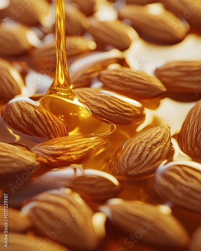Golden Almond Oil Pouring onto Almonds Close Up