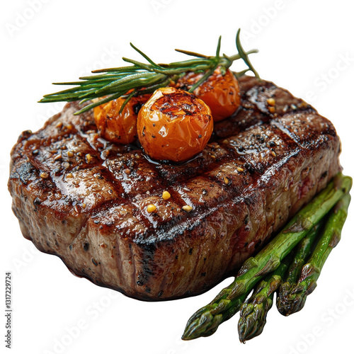 Portion of beef steak with grilled asparagus isolated on white background.PNG photo
