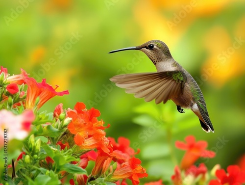 Hummingbird flight, nectar seeking among vibrant orange trumpet flowers photo