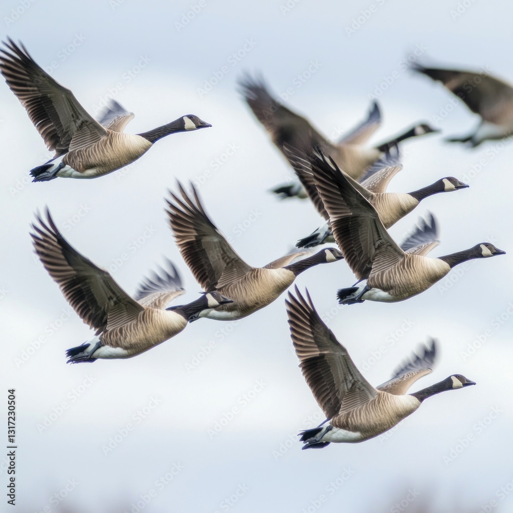 Fototapeta premium Geese flying in formation across the sky in a natural outdoor environment