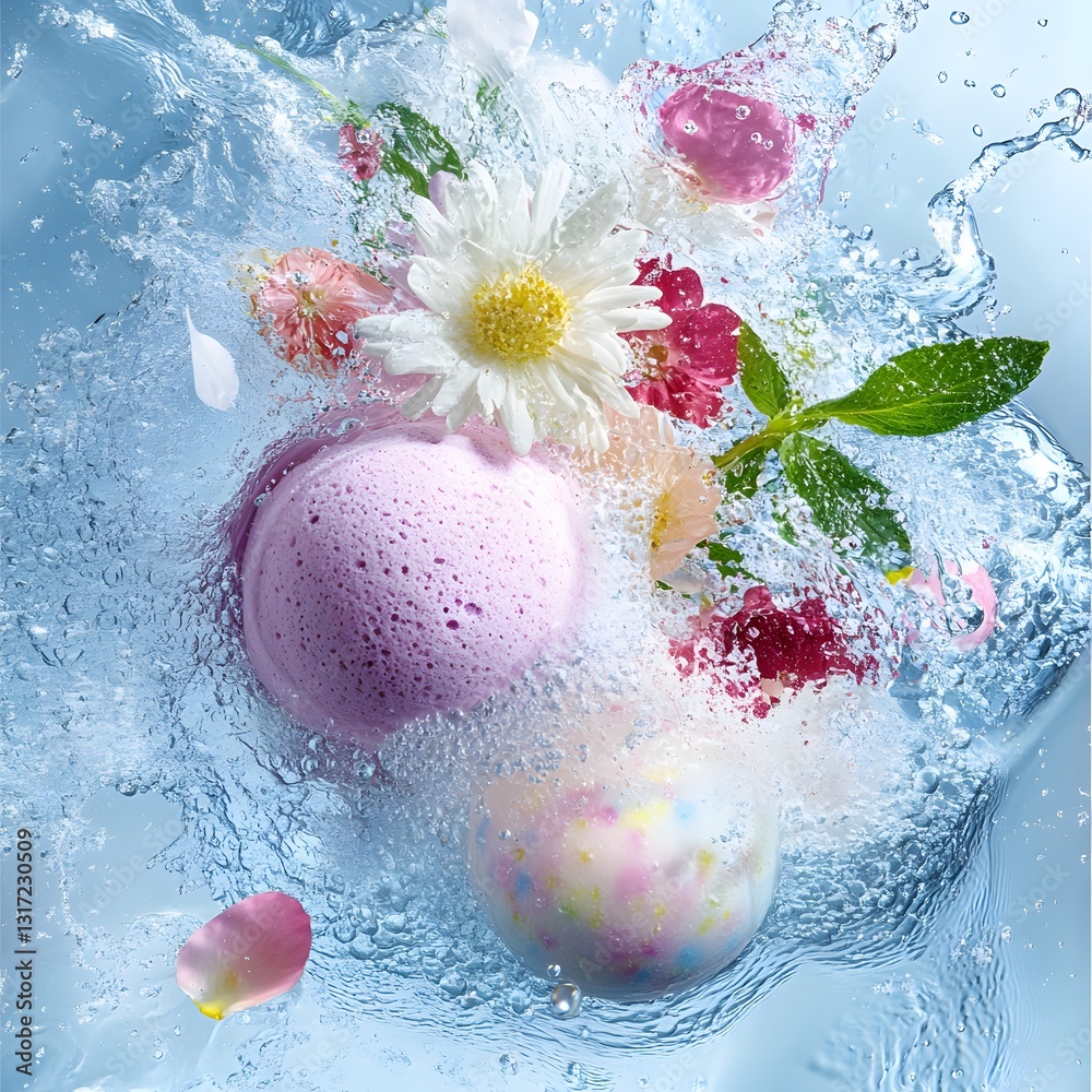 Fototapeta premium Pink and White Floral Bath Bomb Exploding in Water