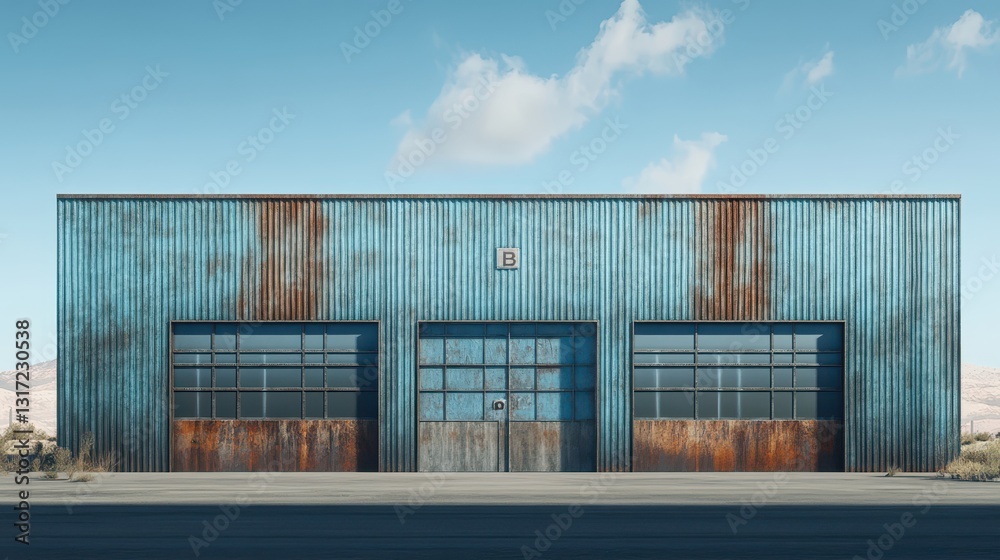 Obraz premium Industrial Facility Exterior with Textured Blue Metal and Rustic Elements Captured in Bright Daylight